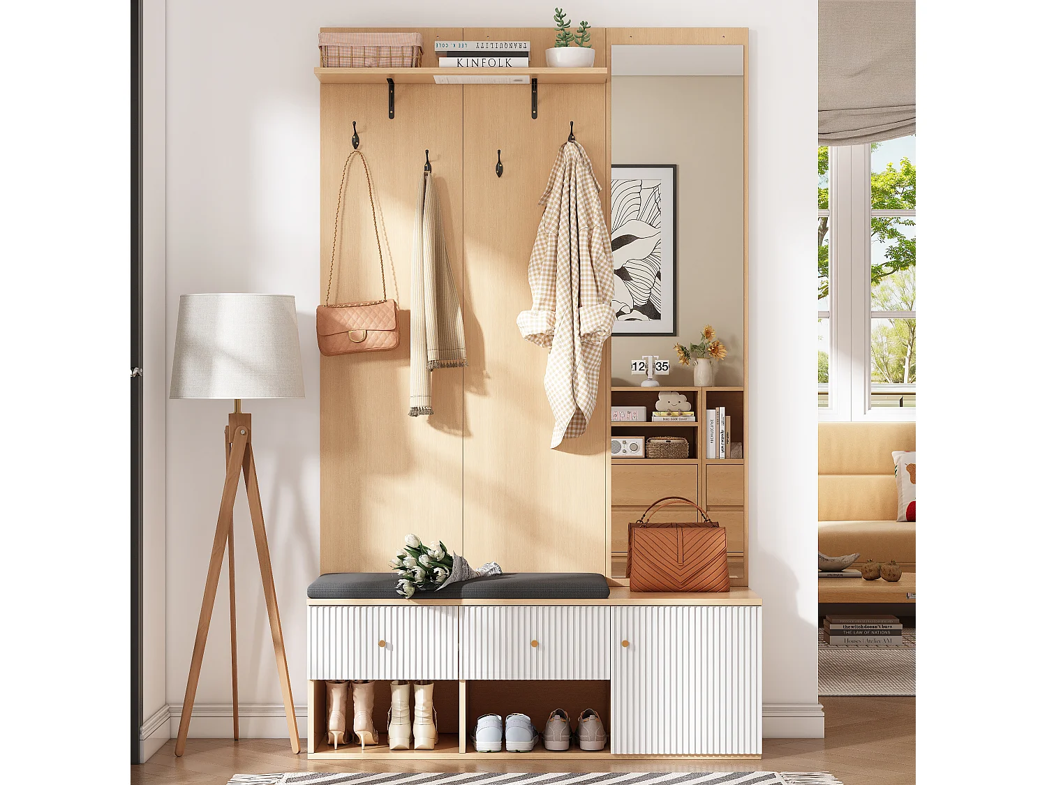 Vestiaire naturel et blanc avec 2 tiroirs, 1 porte , miroir, banc et coussins 120x40x200 cm