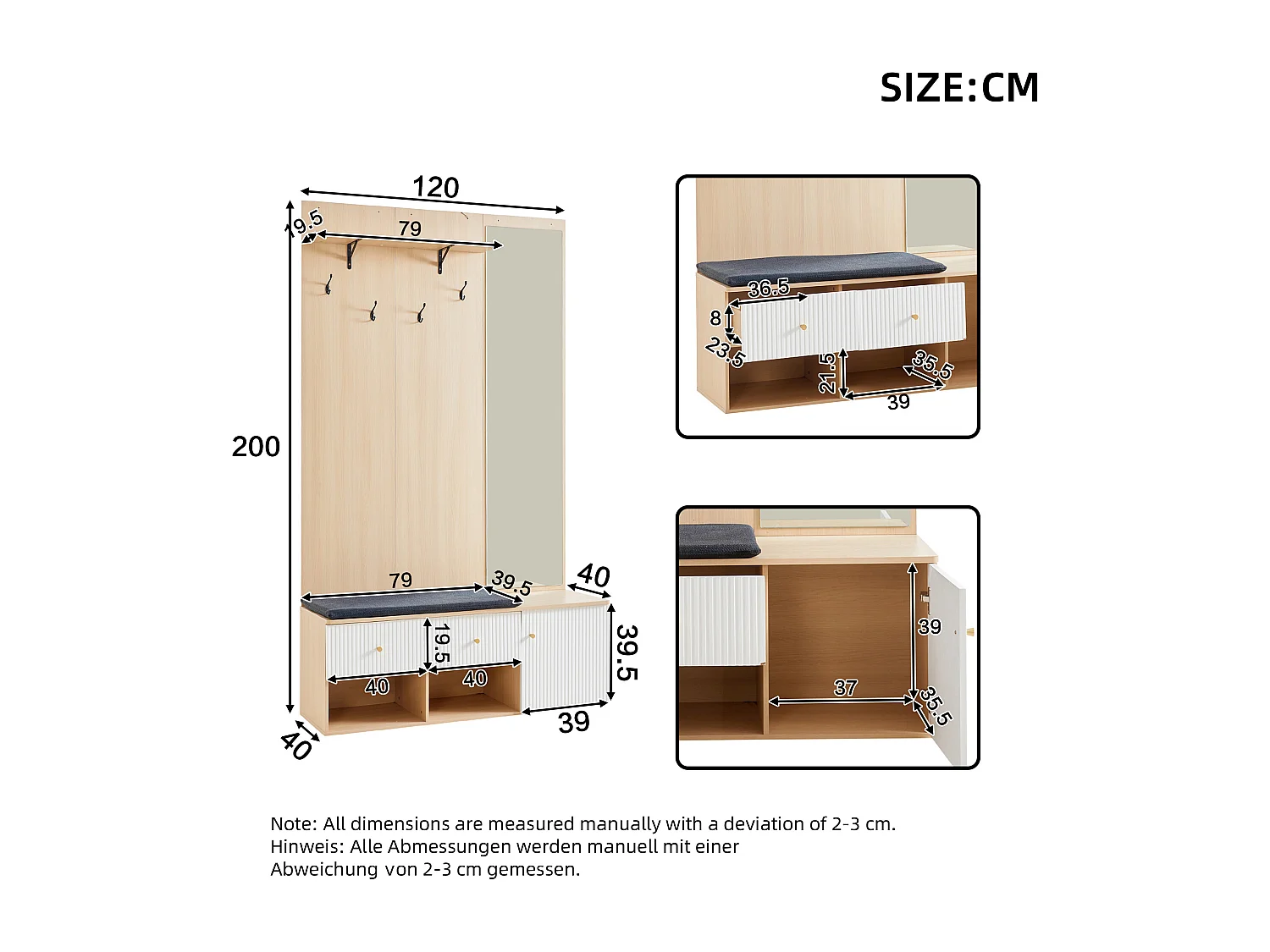 Vestiaire naturel et blanc avec 2 tiroirs, 1 porte , miroir, banc et coussins 120x40x200 cm