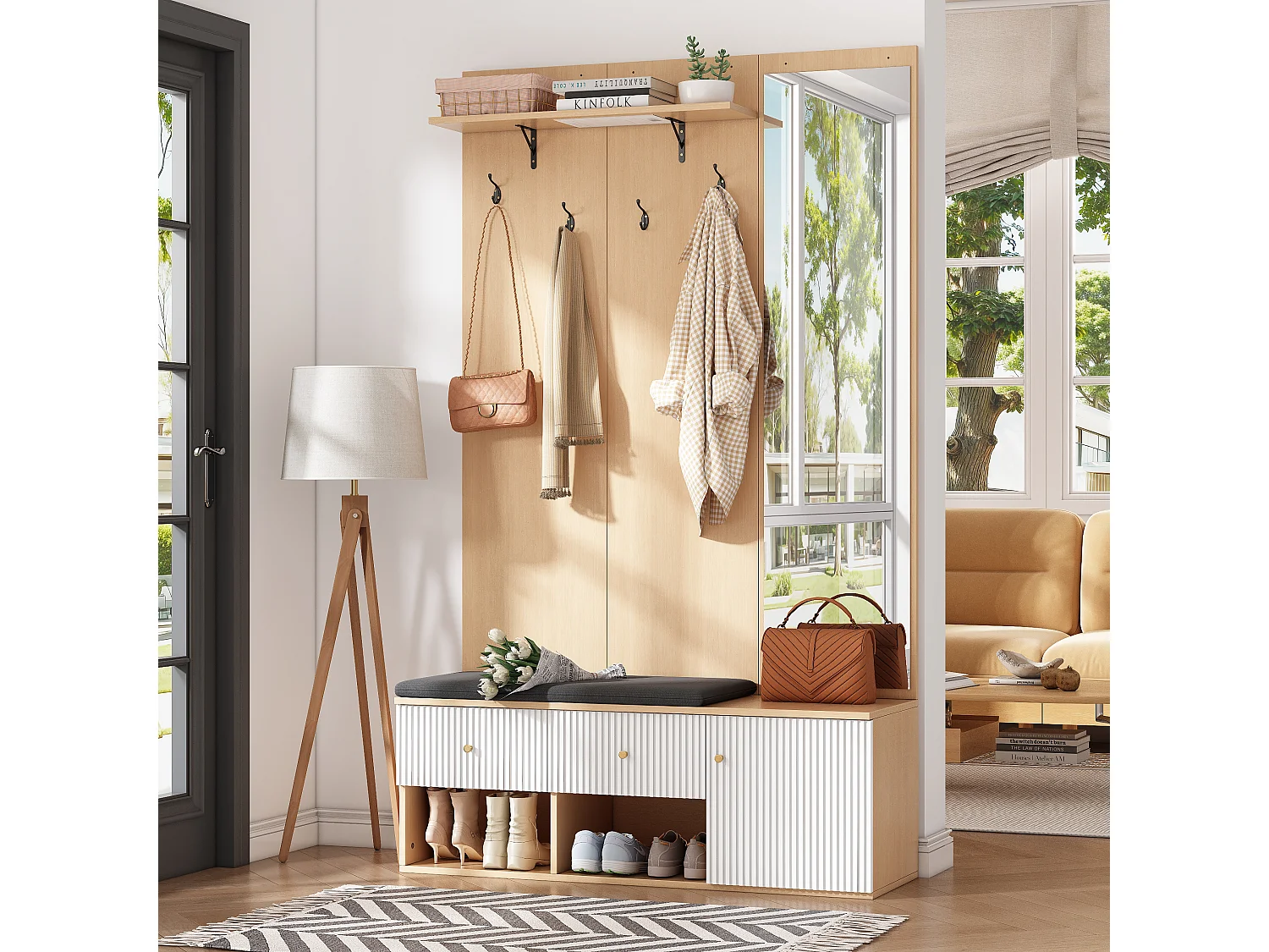 Vestiaire naturel et blanc avec 2 tiroirs, 1 porte , miroir, banc et coussins 120x40x200 cm