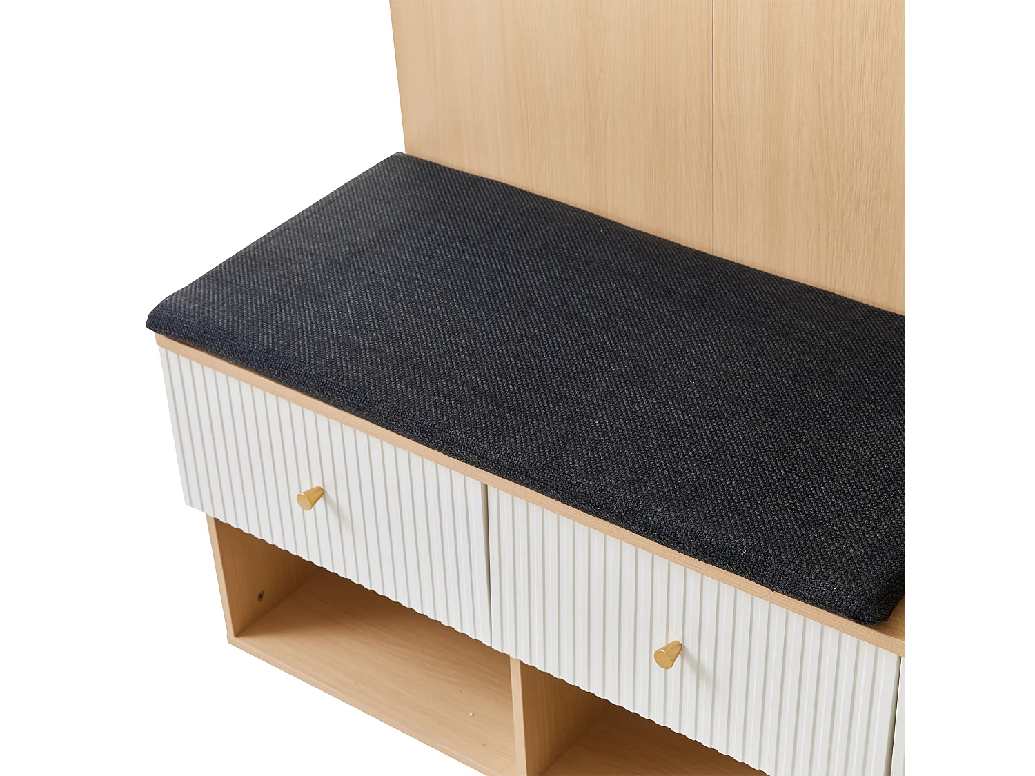 Vestiaire naturel et blanc avec 2 tiroirs, 1 porte , miroir, banc et coussins 120x40x200 cm