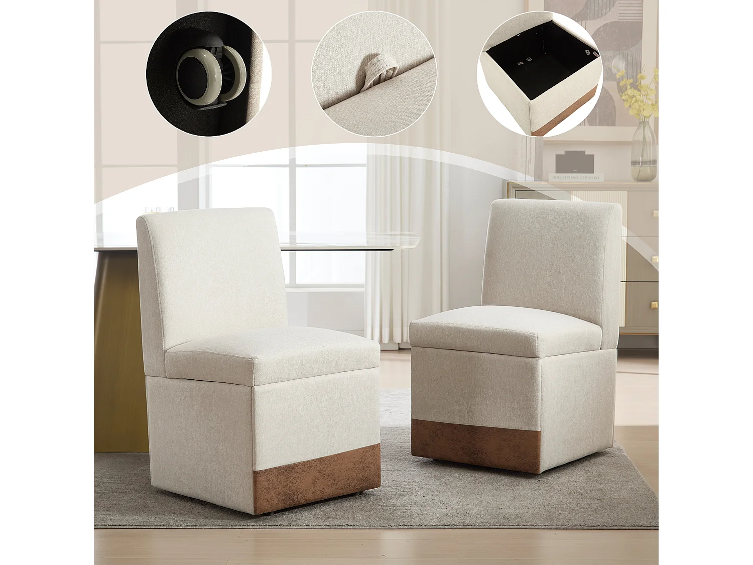 Lot de 2 chaises de salle à manger pivotantes, rangement, confortables et modernes, en lin Beige