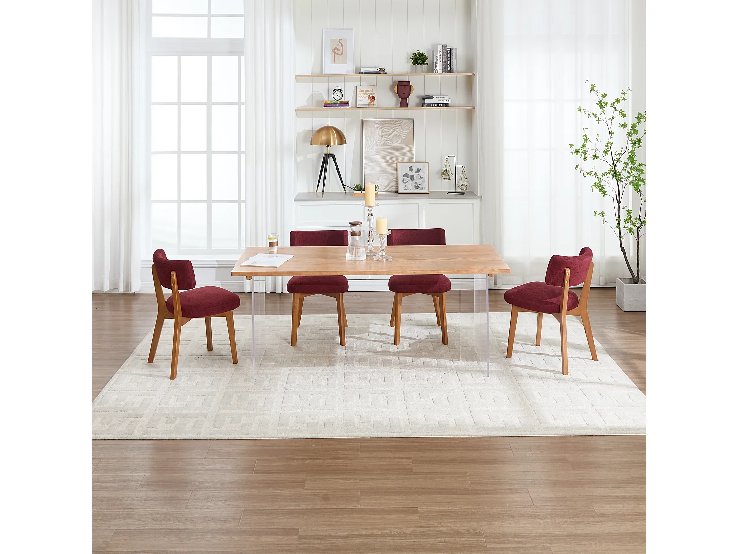 Chaises de salle à manger, style vintage, pour cuisine, salle à manger ou bureau, bois + toile de jute bordeaux