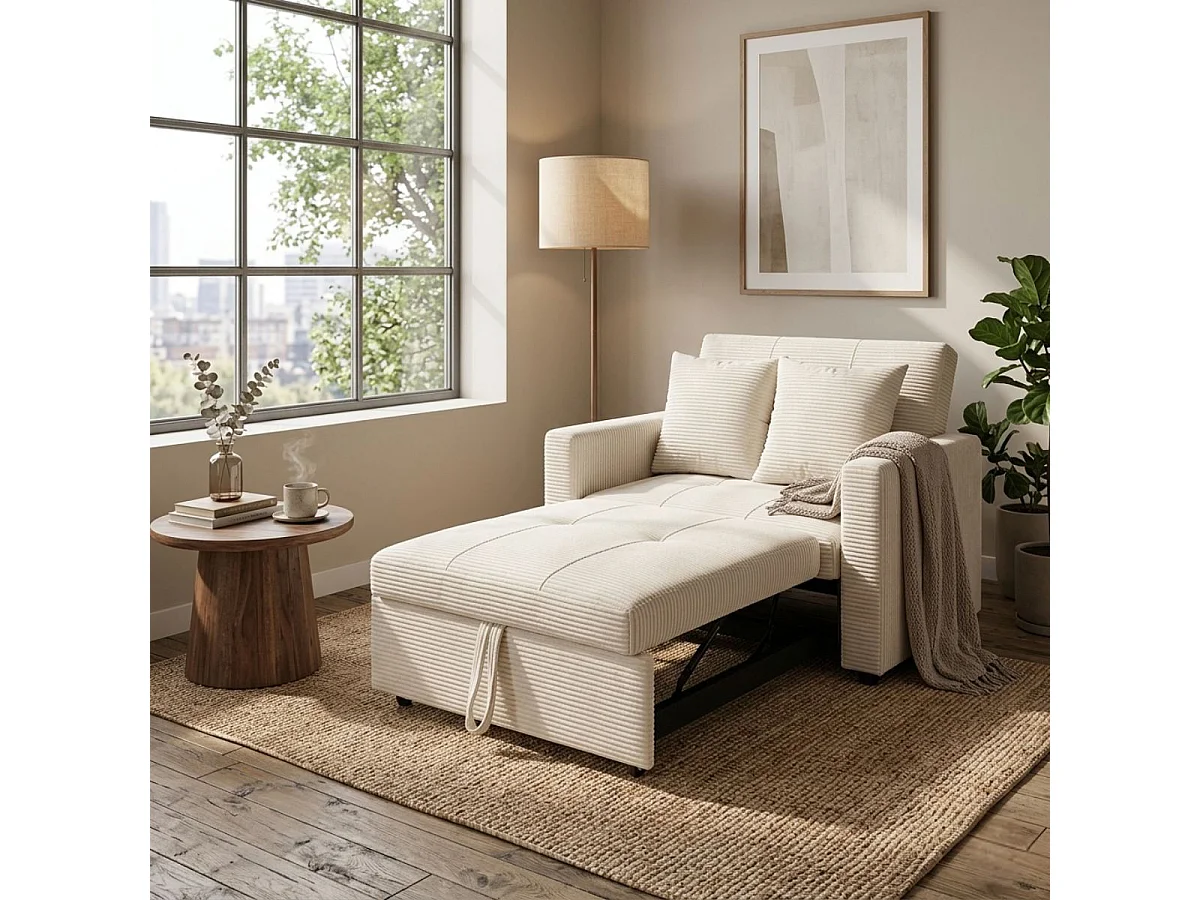 Sofá cama Corduroy respaldo reclinable crema 88x99x99 cm Adec