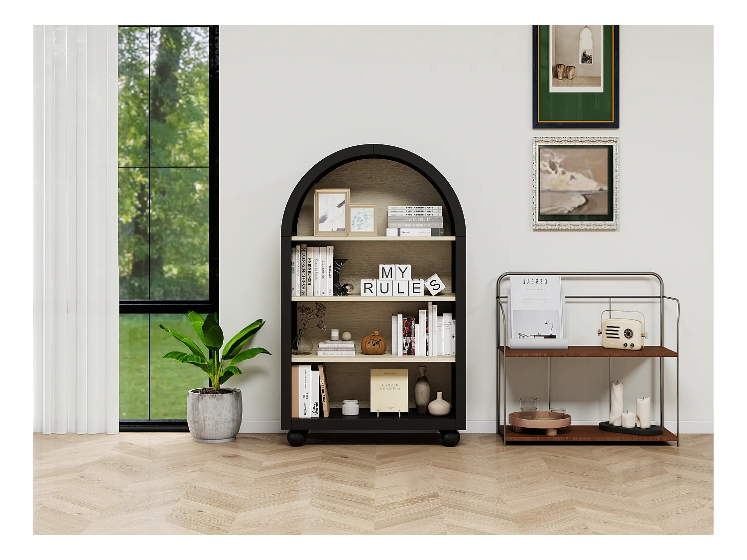 Bibliothèque arquée noire, 70,5 x 30 x 116 cm, 4 niveaux avec un grand espace de rangement, design moderne, idéale pour la chambre, le bureau et le cabinet