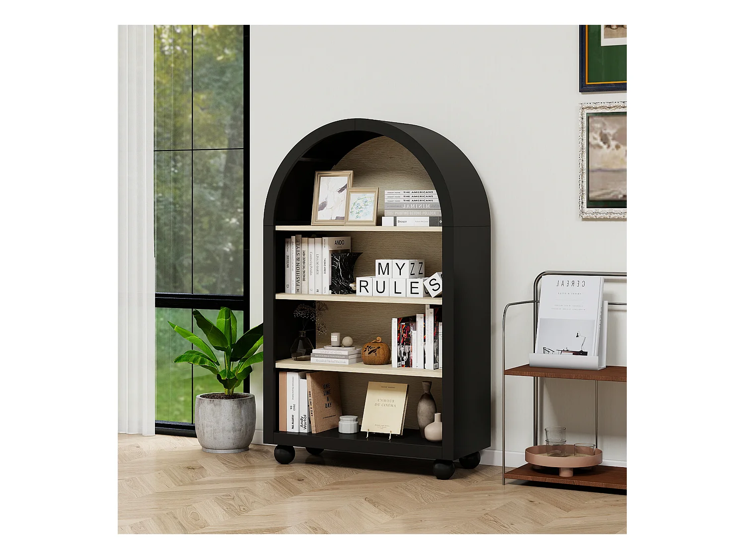 Bibliothèque arquée noire, 70,5 x 30 x 116 cm, 4 niveaux avec un grand espace de rangement, design moderne, idéale pour la chambre, le bureau et le cabinet