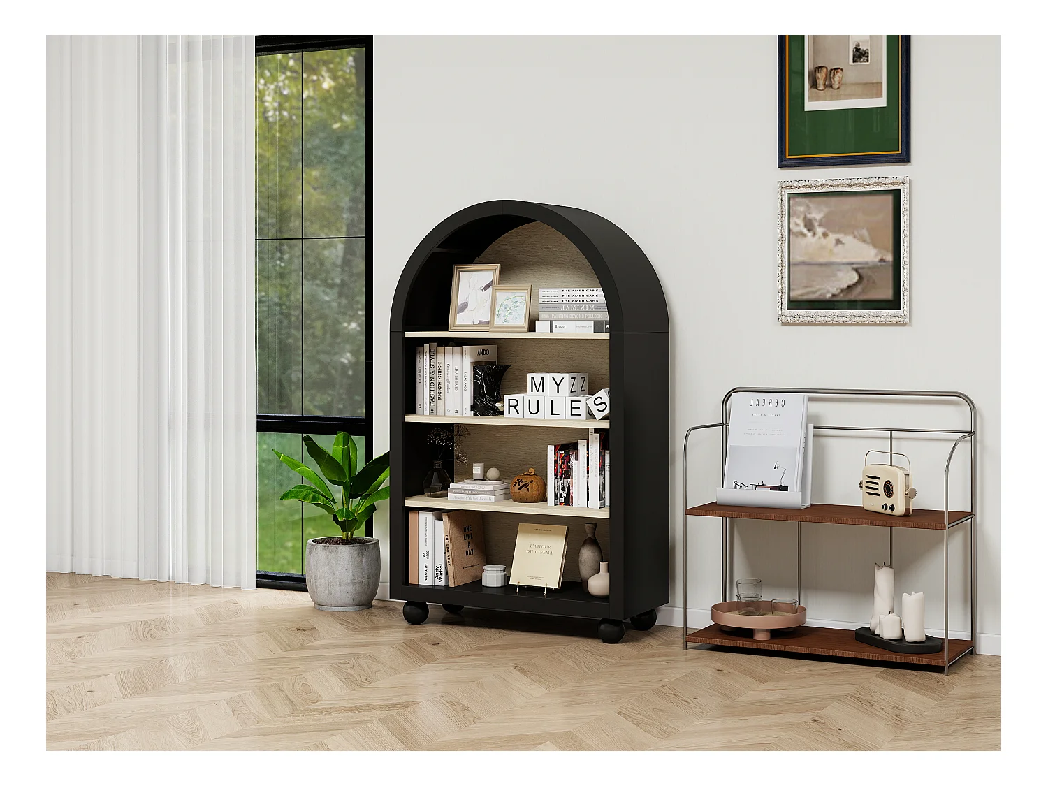 Bibliothèque arquée noire, 70,5 x 30 x 116 cm, 4 niveaux avec un grand espace de rangement, design moderne, idéale pour la chambre, le bureau et le cabinet