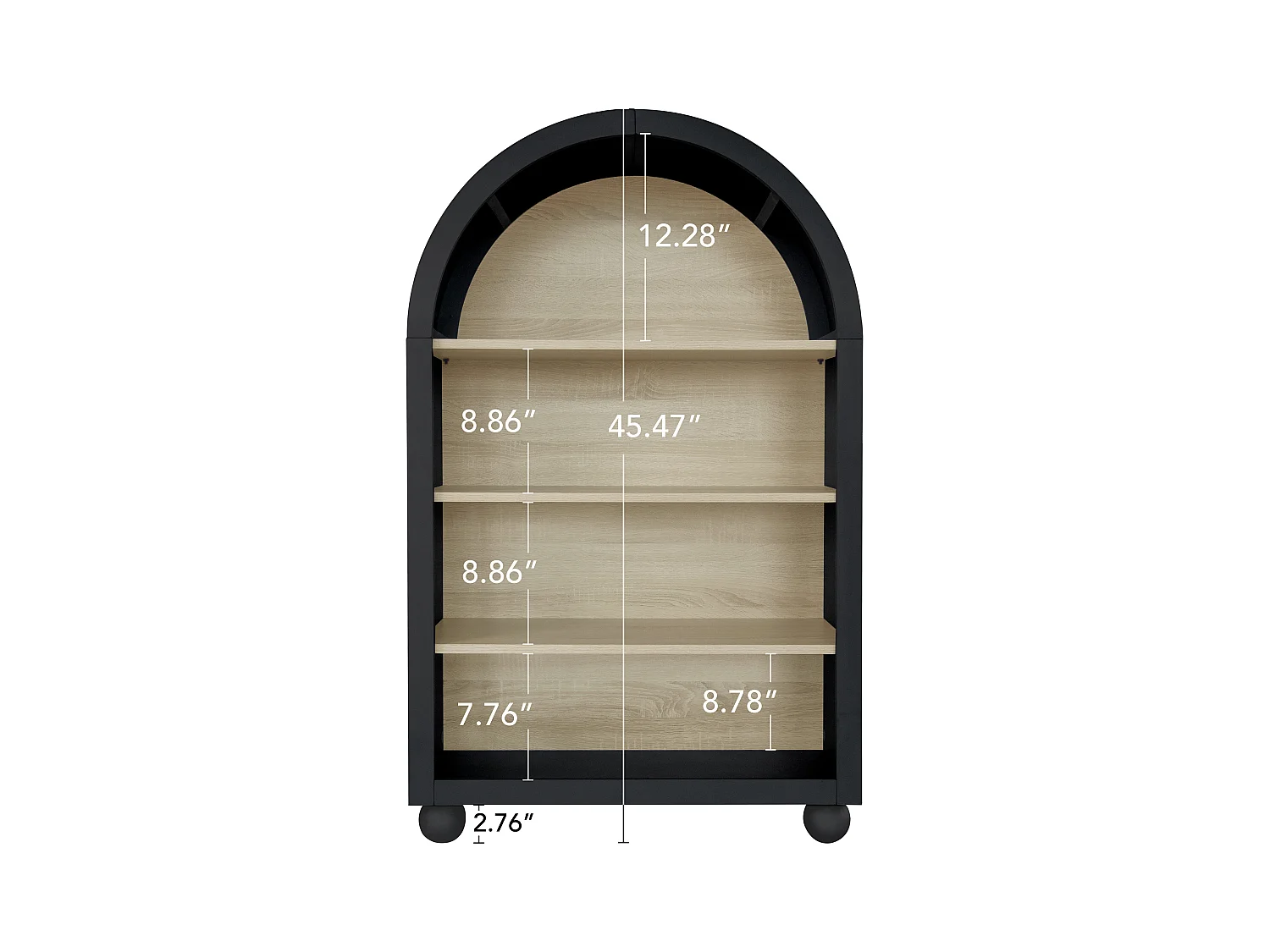 Bibliothèque arquée noire, 70,5 x 30 x 116 cm, 4 niveaux avec un grand espace de rangement, design moderne, idéale pour la chambre, le bureau et le cabinet