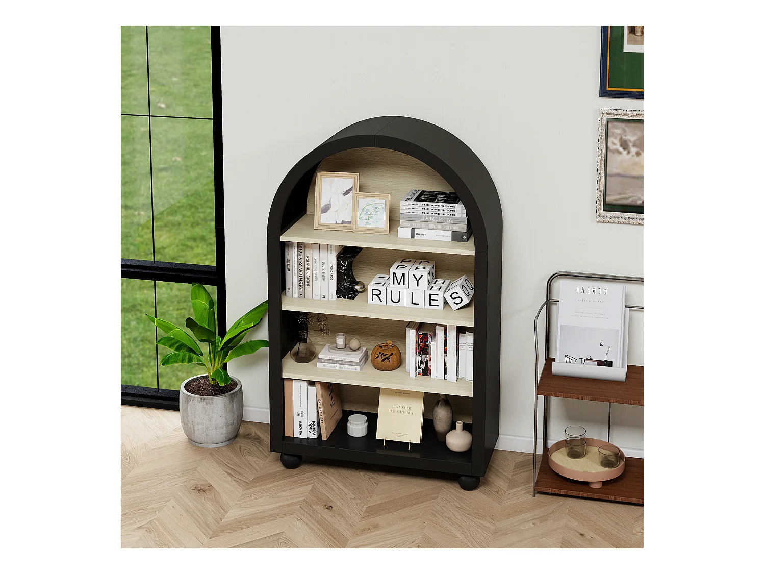 Bibliothèque arquée noire, 70,5 x 30 x 116 cm, 4 niveaux avec un grand espace de rangement, design moderne, idéale pour la chambre, le bureau et le cabinet