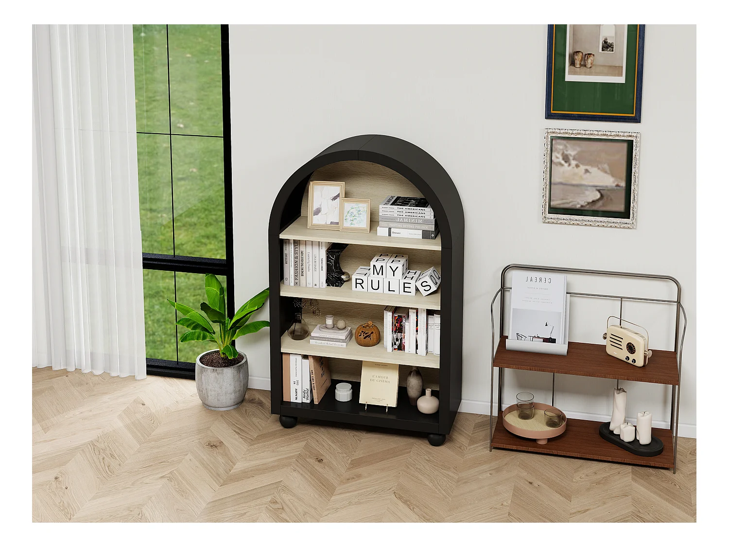 Bibliothèque arquée noire, 70,5 x 30 x 116 cm, 4 niveaux avec un grand espace de rangement, design moderne, idéale pour la chambre, le bureau et le cabinet