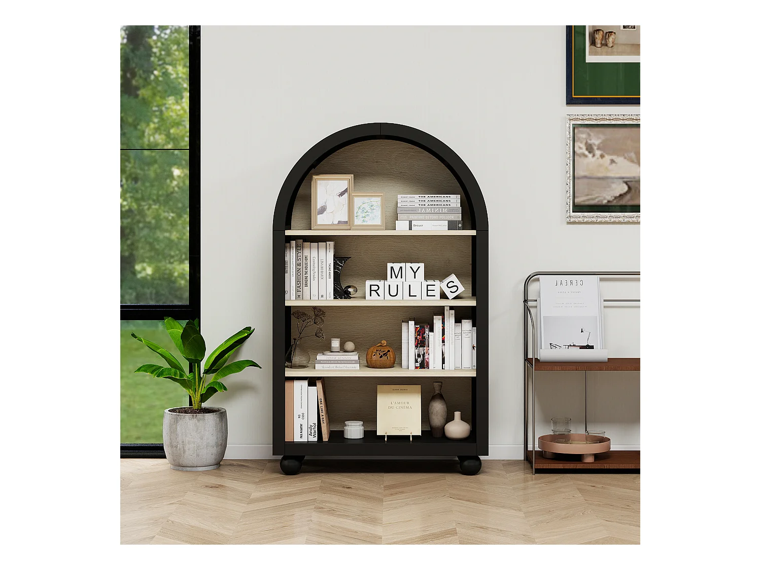 Estantería arqueada negra de 70,5 x 30 x 116 cm, 4 niveles con amplio espacio de almacenamiento, diseño moderno, ideal para dormitorios, oficinas y estudios.