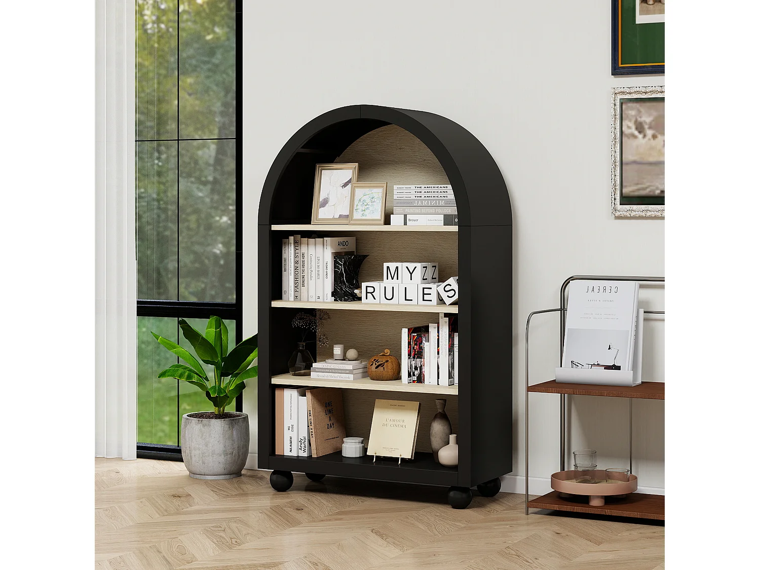 Zwarte boekenkast met boog, 70,5 x 30 x 116 cm, 4 niveaus met veel opbergruimte, modern design, ideaal voor slaapkamer, kantoor en studeerkamer
