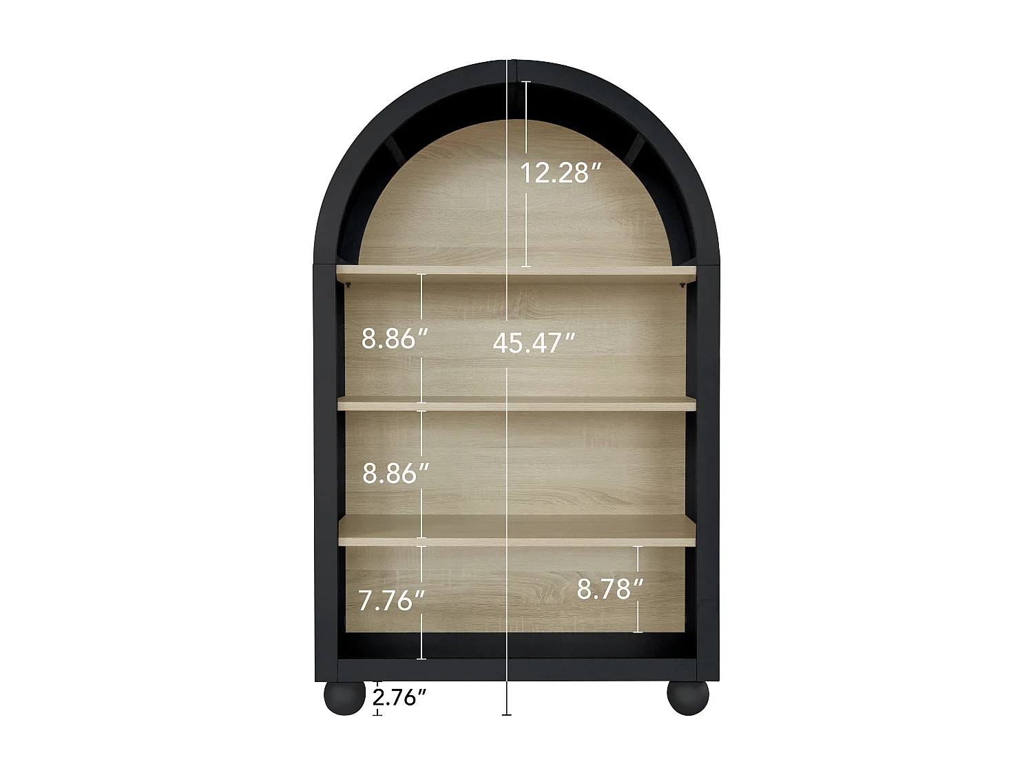Zwarte boekenkast met boog, 70,5 x 30 x 116 cm, 4 niveaus met veel opbergruimte, modern design, ideaal voor slaapkamer, kantoor en studeerkamer