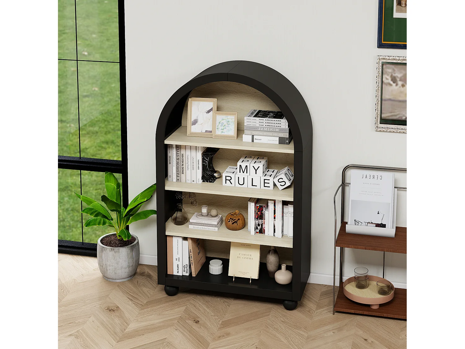 Zwarte boekenkast met boog, 70,5 x 30 x 116 cm, 4 niveaus met veel opbergruimte, modern design, ideaal voor slaapkamer, kantoor en studeerkamer