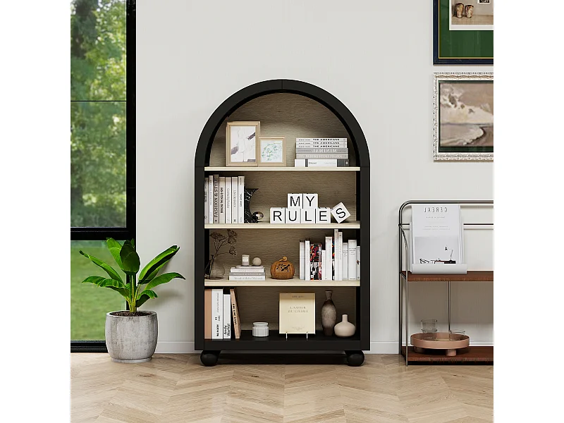 Libreria ad arco nera, 70,5 x 30 x 116 cm, 4 ripiani con ampio spazio di archiviazione, design moderno, ideale per camera da letto, ufficio e studio