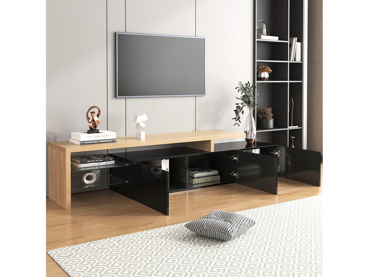 Meuble TV à design moderne 197,5 x 39 x 42 cm, rangement, LED, en E1 MDF+verre, noir + natural