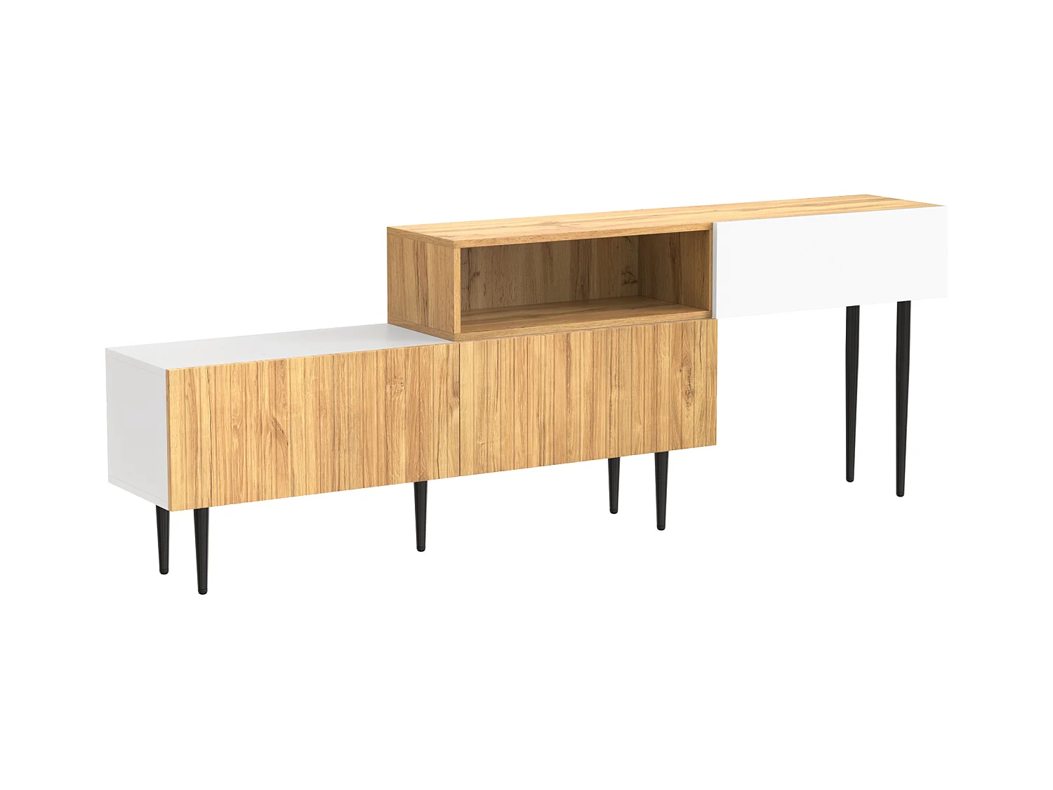 Meuble TV blanc et bois avec 3 portes, modulable en 2 parties, pieds noirs