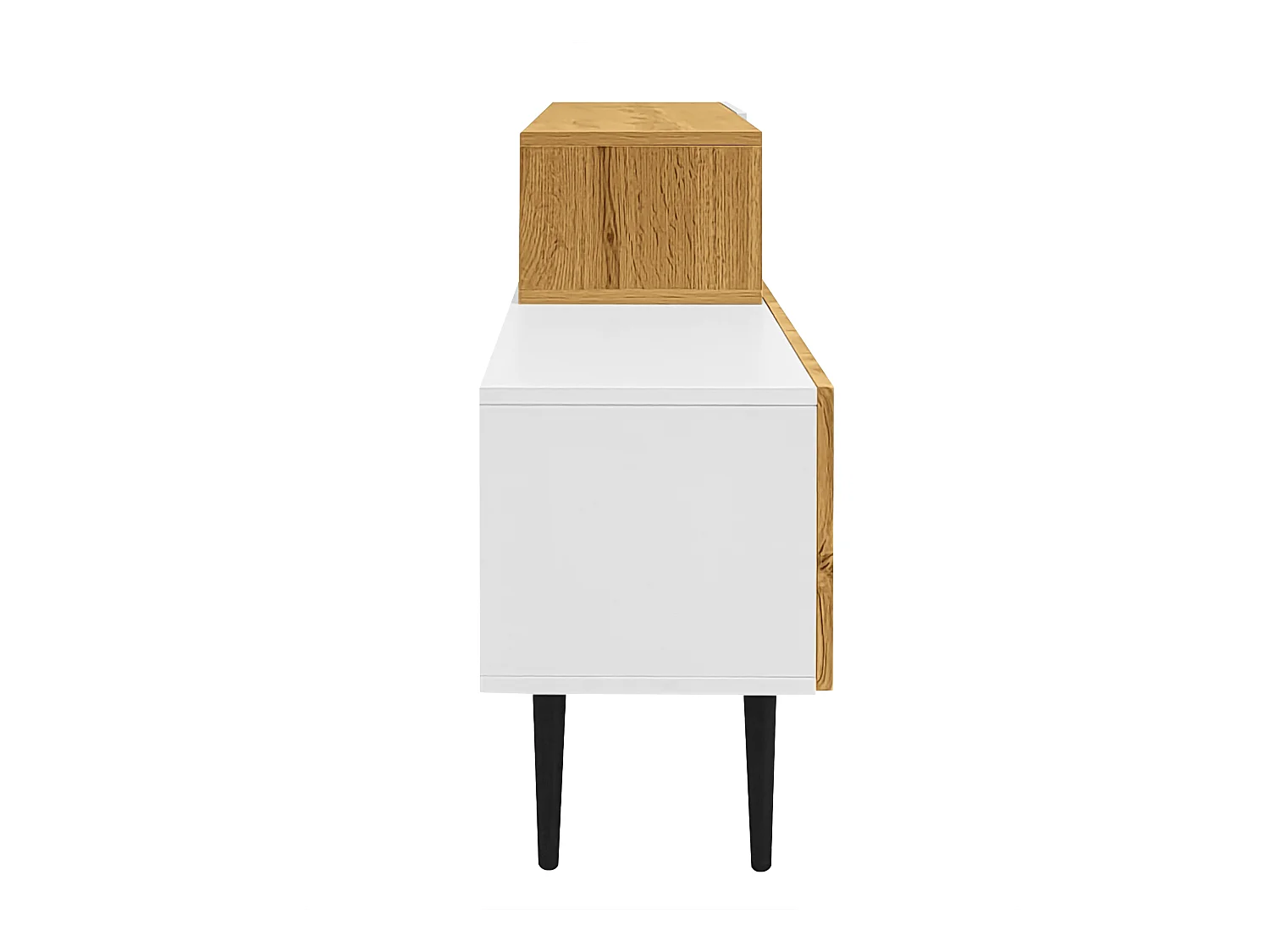 Meuble TV blanc et bois avec 3 portes, modulable en 2 parties, pieds noirs