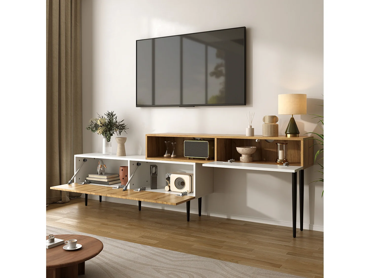 Mobile TV bianco e legno con 3 ante, componibile in 2 parti, gambe nere