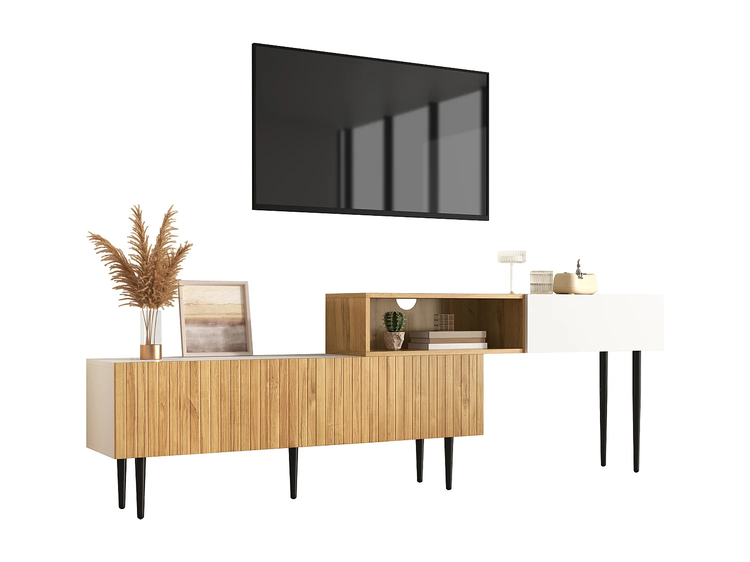 Mobile TV bianco e legno con 3 ante, componibile in 2 parti, gambe nere