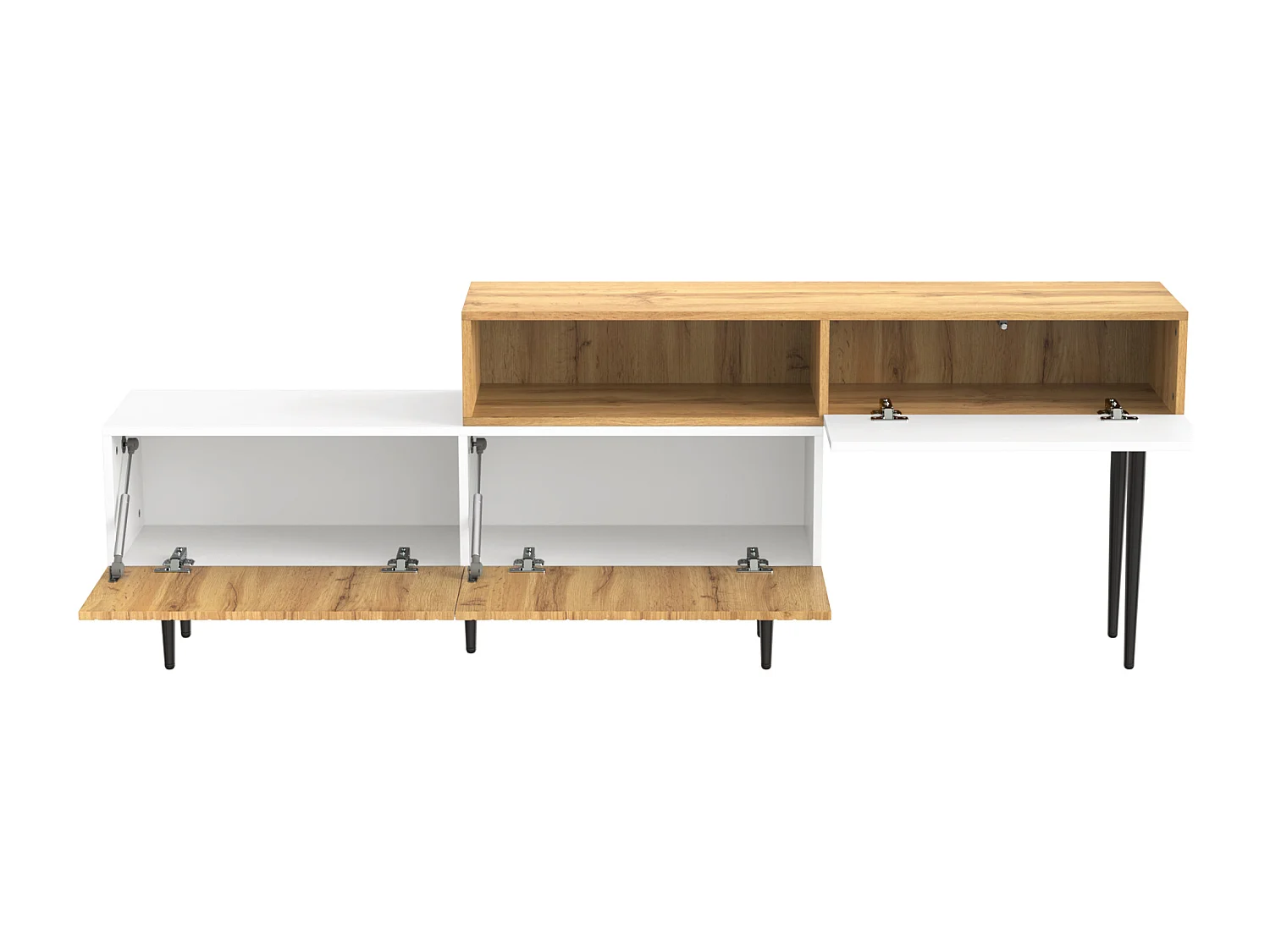 Mobile TV bianco e legno con 3 ante, componibile in 2 parti, gambe nere