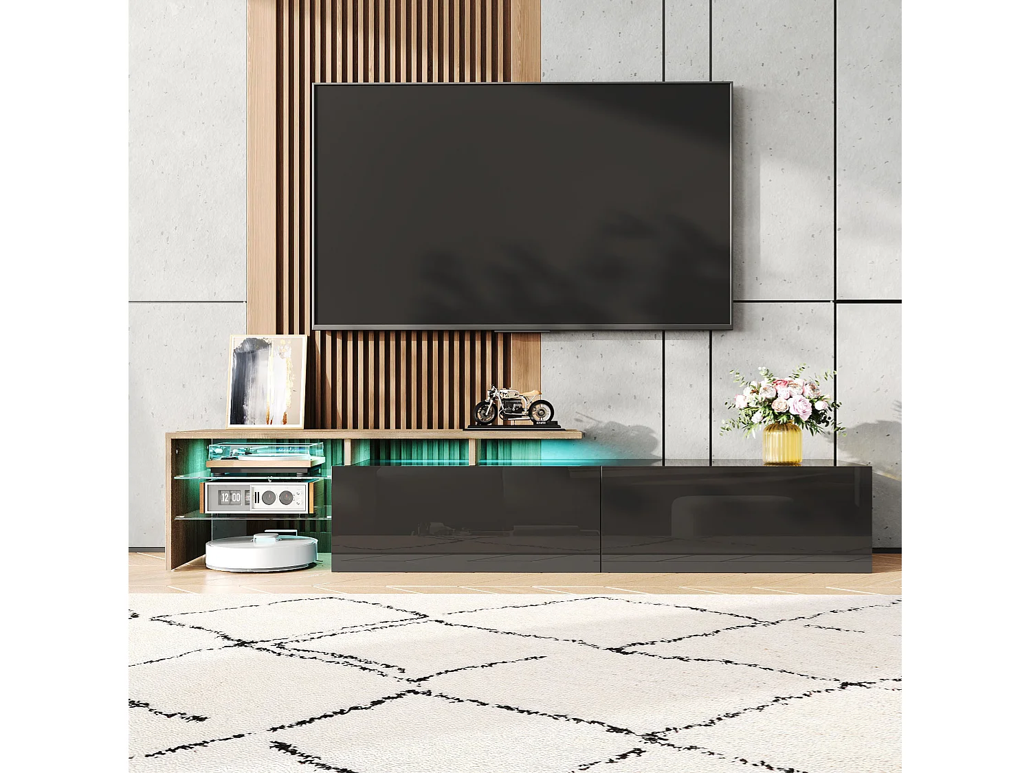 Meuble TV moderne 170 x 33 x 33,5 cm, rangement pratique, LED, en panneaux de particules, noir + naturel
