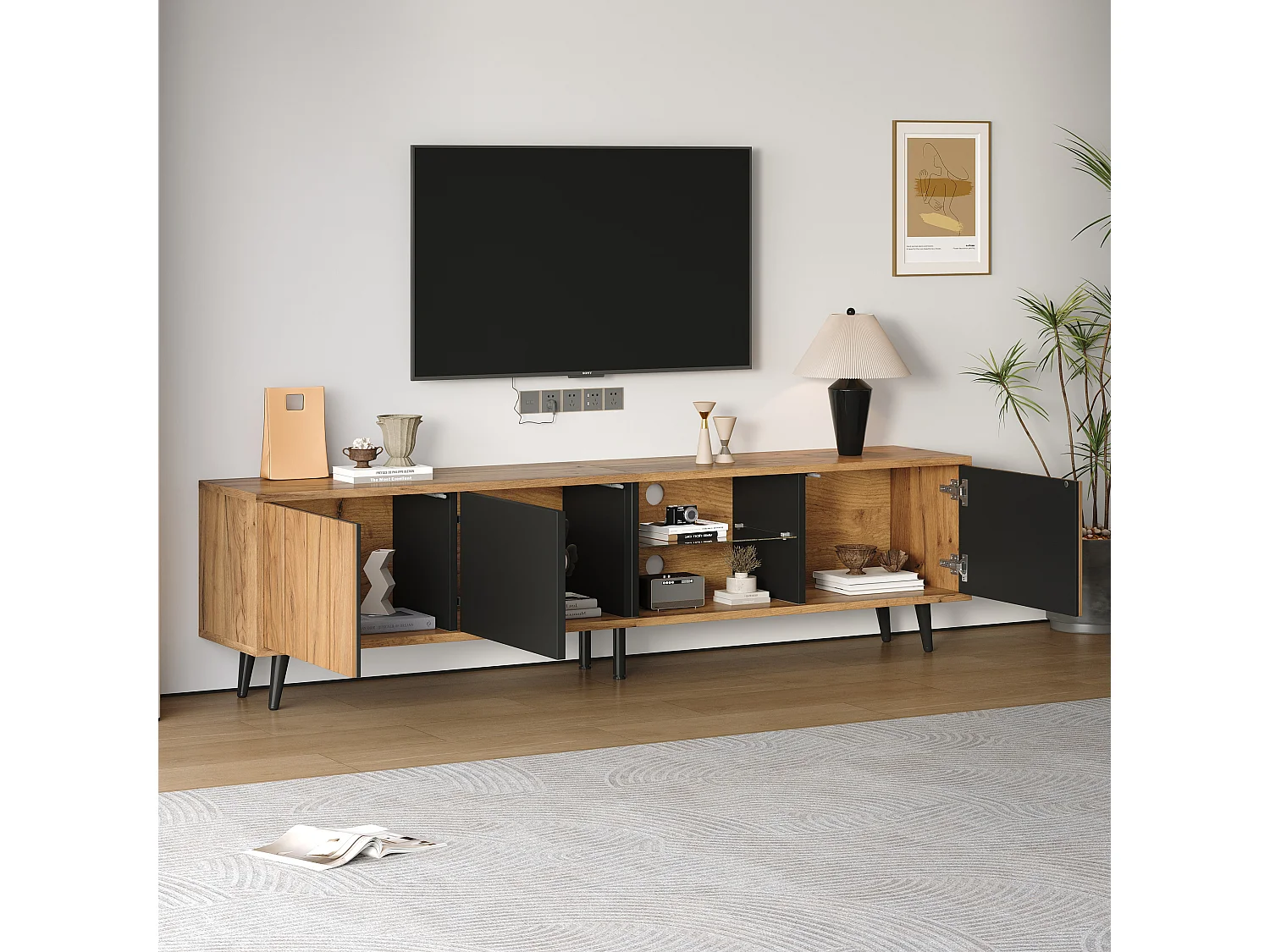 Mueble de TV natural y negro con 3 puertas y 1 mampara de cristal, diseño veta madera 175x31,5x45cm