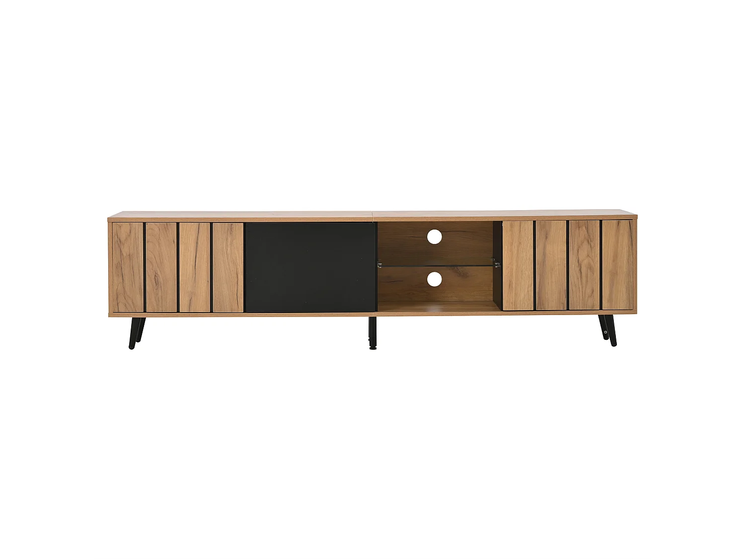 Mueble de TV natural y negro con 3 puertas y 1 mampara de cristal, diseño veta madera 175x31,5x45cm