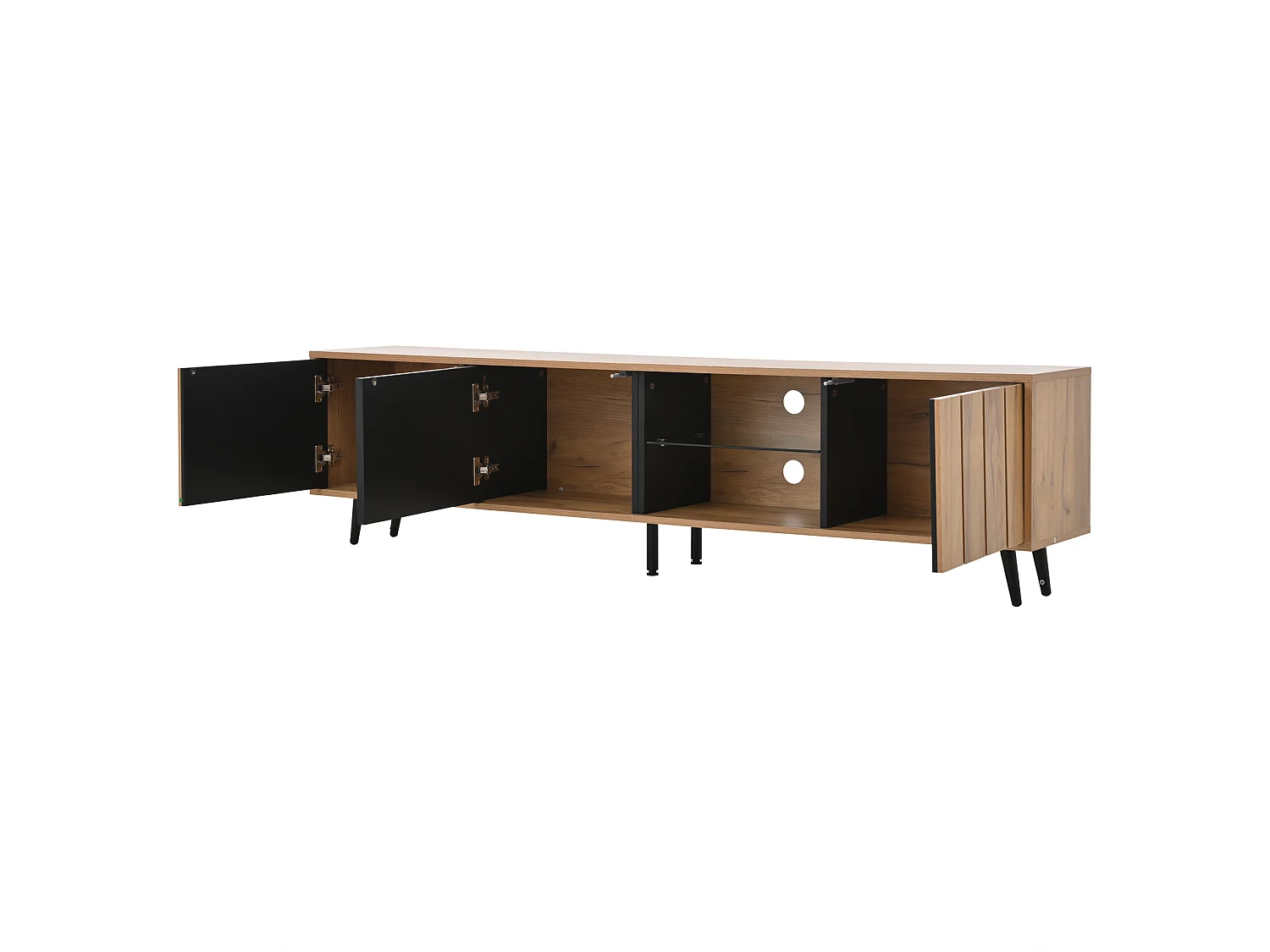 Mueble de TV natural y negro con 3 puertas y 1 mampara de cristal, diseño veta madera 175x31,5x45cm