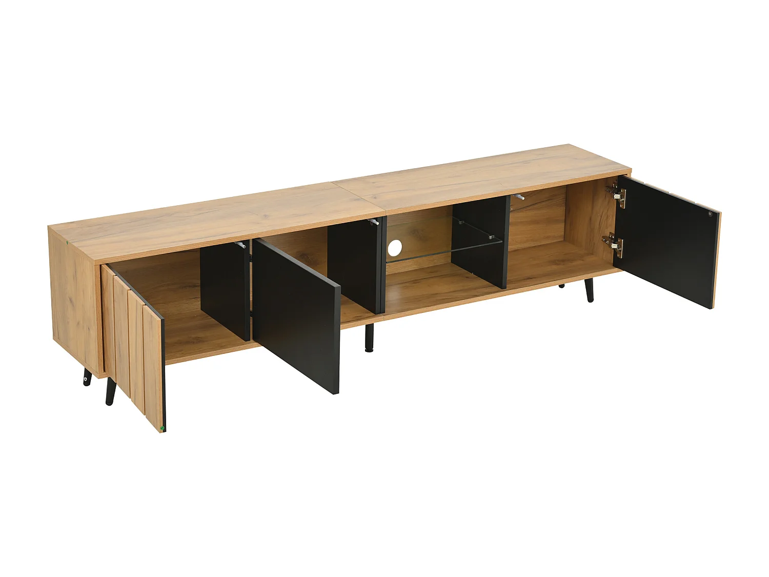 Mueble de TV natural y negro con 3 puertas y 1 mampara de cristal, diseño veta madera 175x31,5x45cm