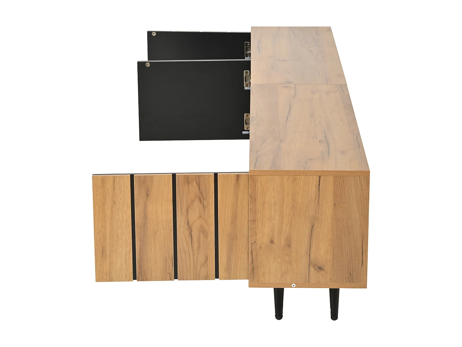Mueble de TV natural y negro con 3 puertas y 1 mampara de cristal, diseño veta madera 175x31,5x45cm