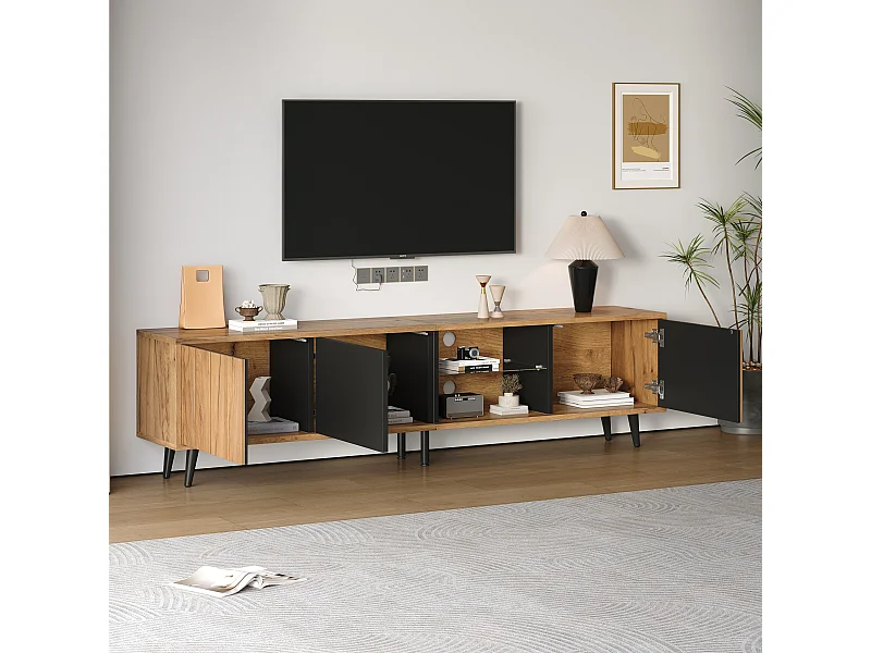 Mueble de TV natural y negro con 3 puertas y 1 mampara de cristal, diseño veta madera 175x31,5x45cm