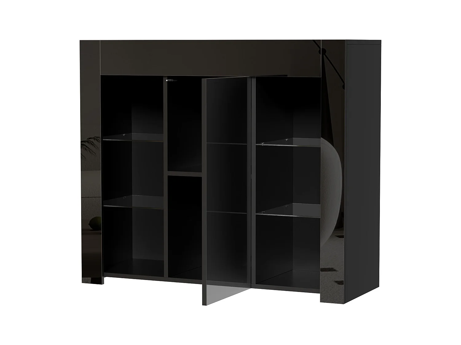 Buffet noir avec 1 porte et 4 étagères en verre, panneaux de particules 95x35x83 cm