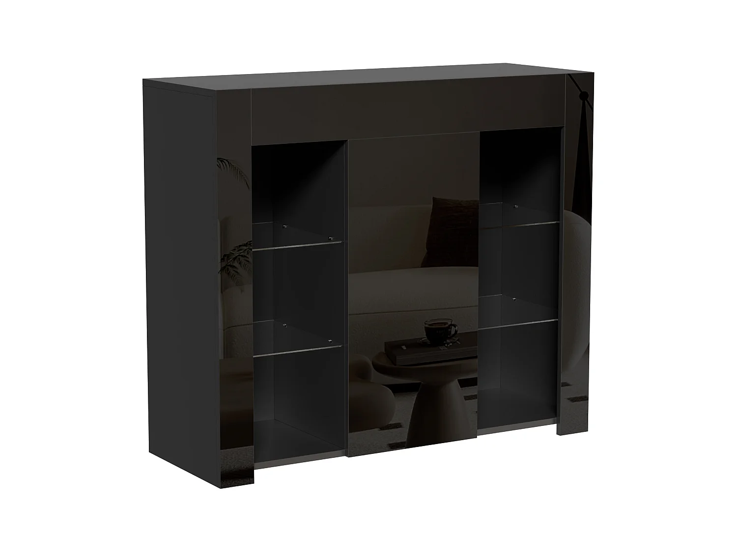 Buffet noir avec 1 porte et 4 étagères en verre, panneaux de particules 95x35x83 cm