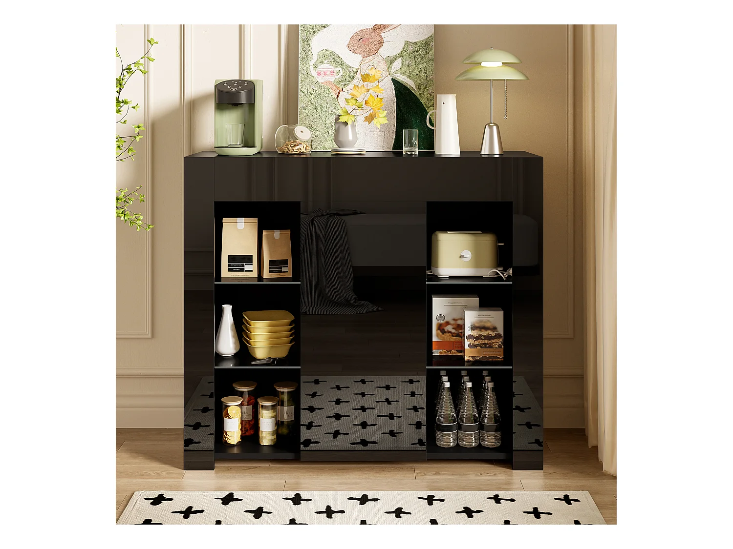 Credenza nera con 1 anta e 4 ripiani in vetro, pannello di particelle 95x35x83 cm