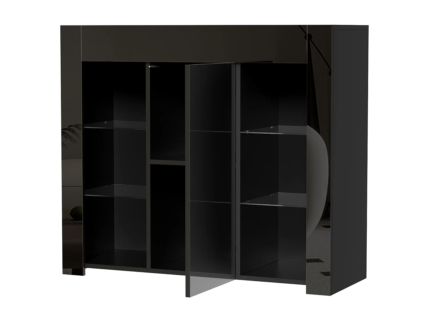 Buffet noir avec 1 porte et 4 étagères en verre, panneaux de particules 95x35x83 cm