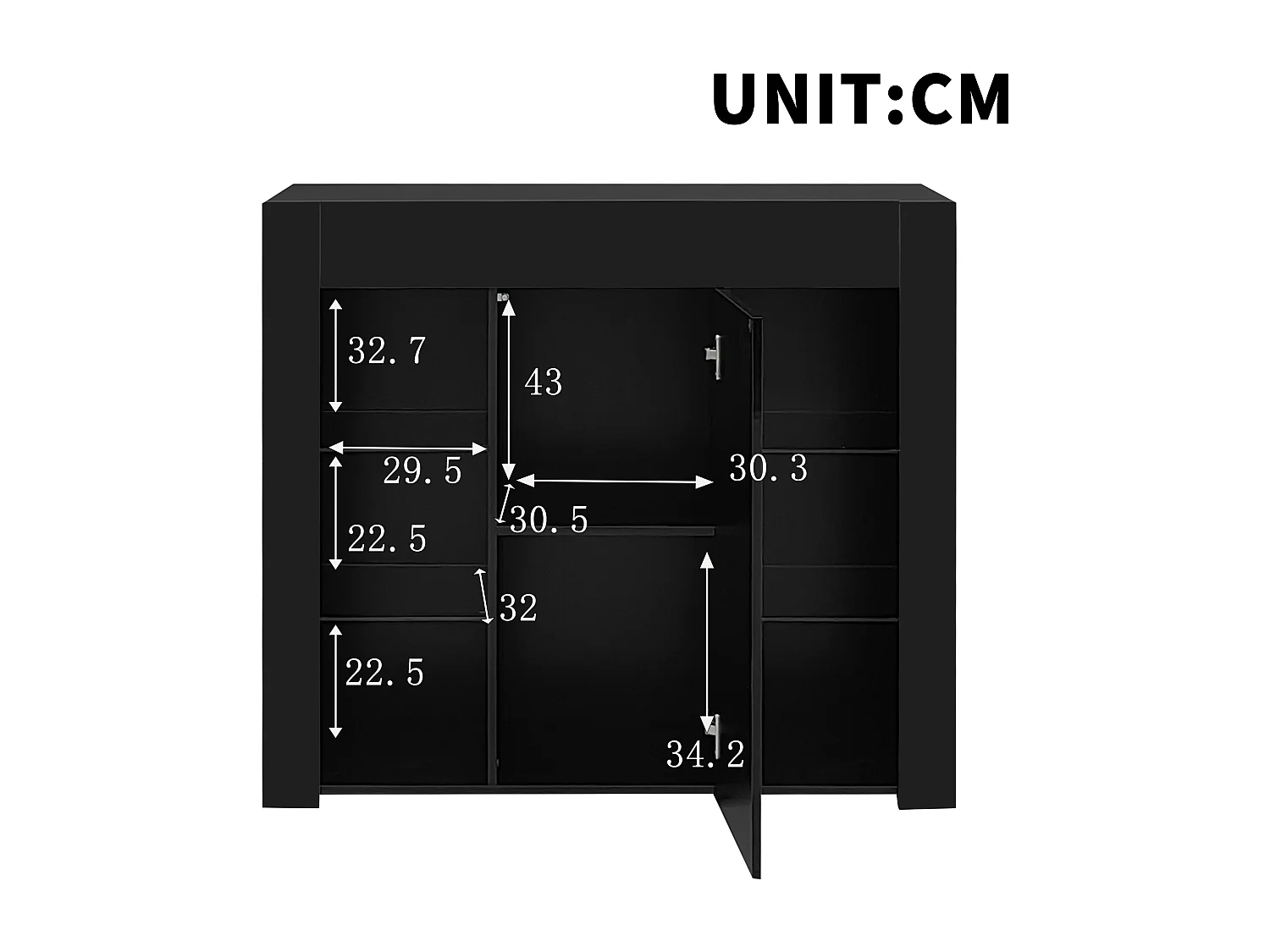 Buffet noir avec 1 porte et 4 étagères en verre, panneaux de particules 95x35x83 cm