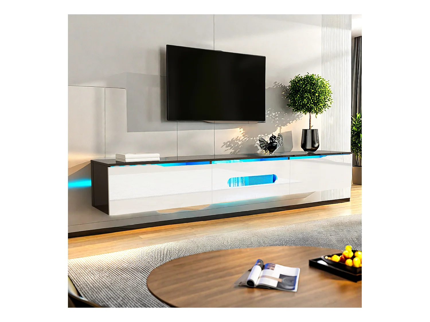 Zwart-wit tv-meubel, lengte 180 cm, glanzende afwerking, met 16-kleurige ledverlichting, wandmontage mogelijk