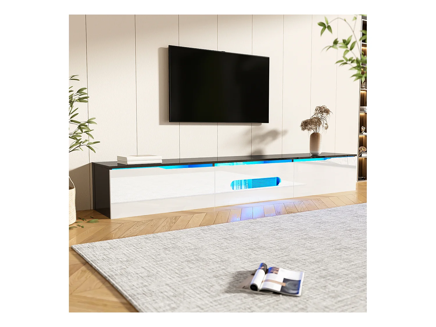 Zwart-wit tv-meubel, lengte 180 cm, glanzende afwerking, met 16-kleurige ledverlichting, wandmontage mogelijk