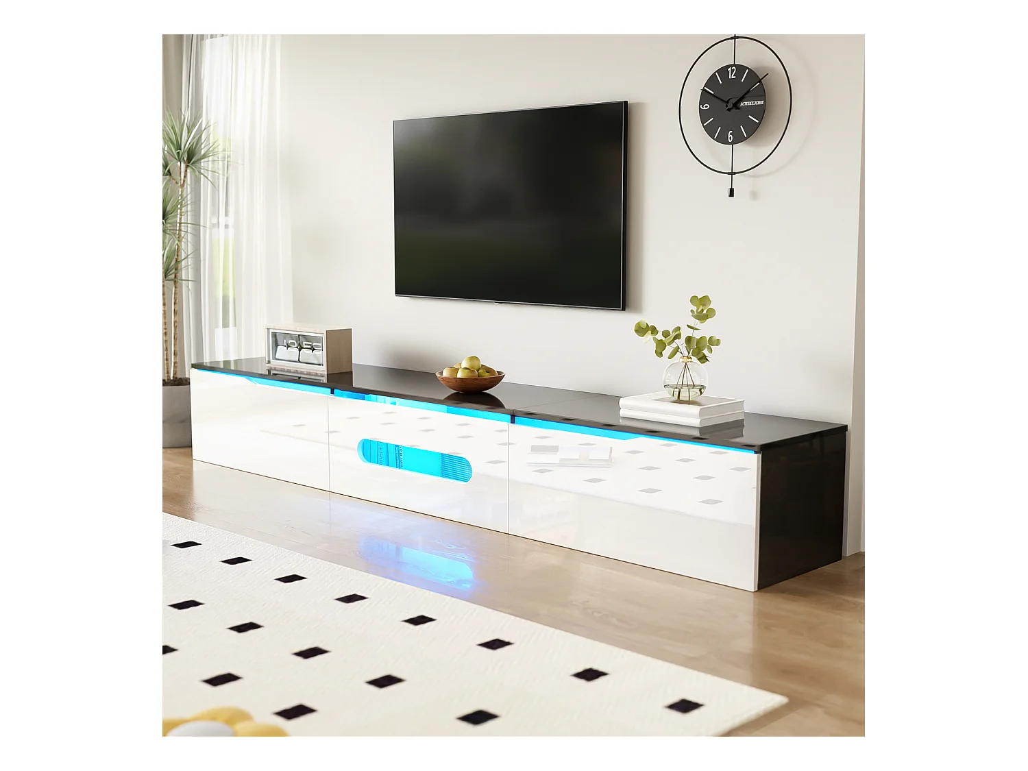 Zwart-wit tv-meubel, lengte 180 cm, glanzende afwerking, met 16-kleurige ledverlichting, wandmontage mogelijk