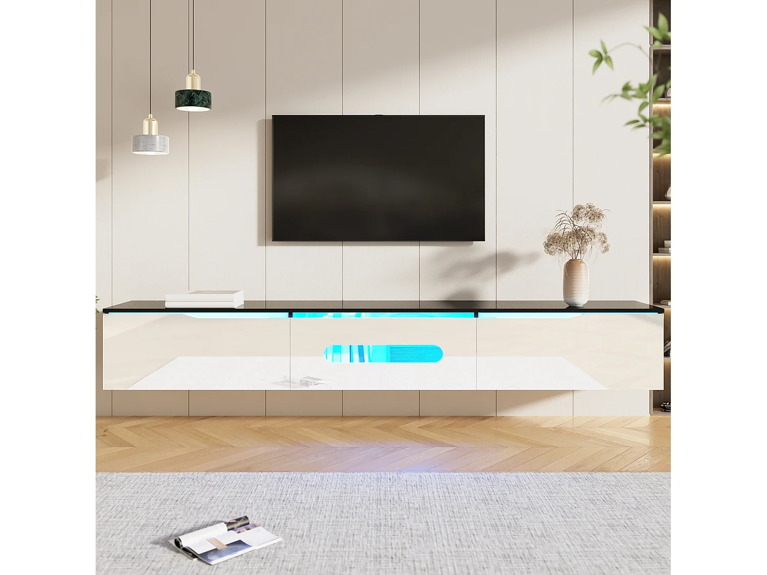 Móvel de TV preto e branco, comprimento 180 cm, acabamento brilhante, com iluminação LED de 16 cores, possibilidade de montagem na parede