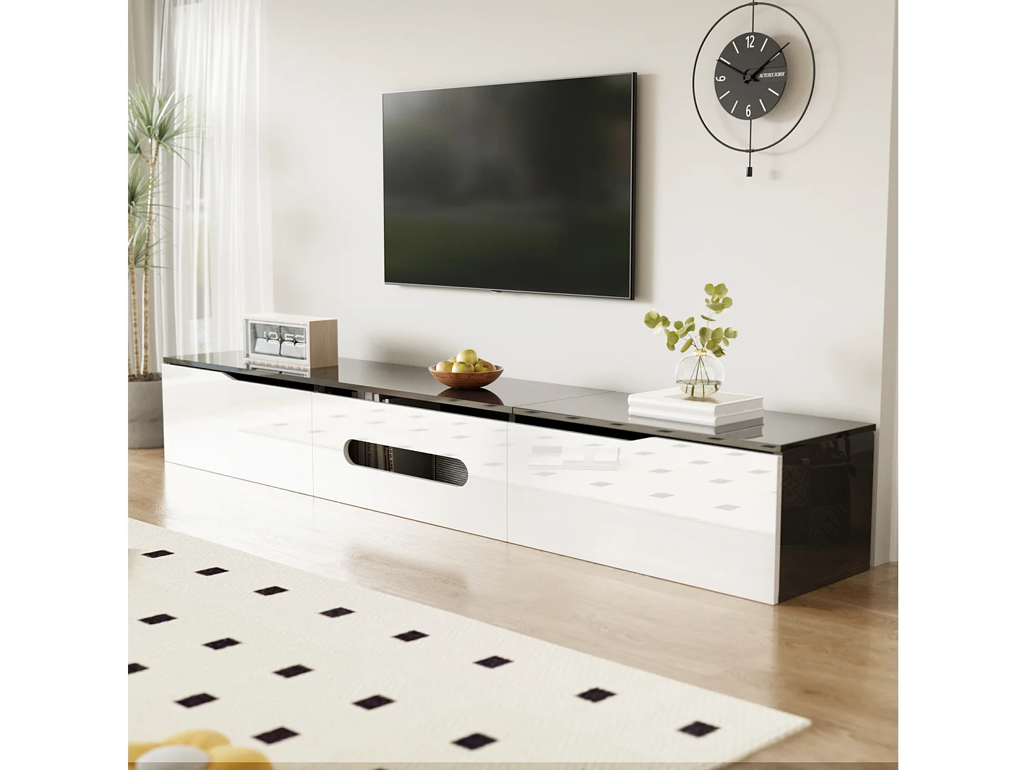 Móvel de TV preto e branco, comprimento 180 cm, acabamento brilhante, com iluminação LED de 16 cores, possibilidade de montagem na parede