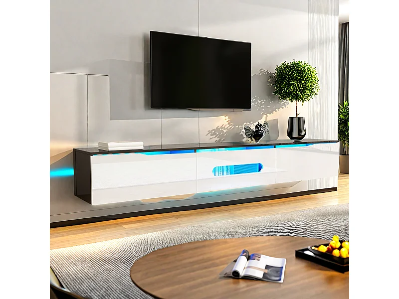 Zwart-wit tv-meubel, lengte 180 cm, glanzende afwerking, met 16-kleurige ledverlichting, wandmontage mogelijk