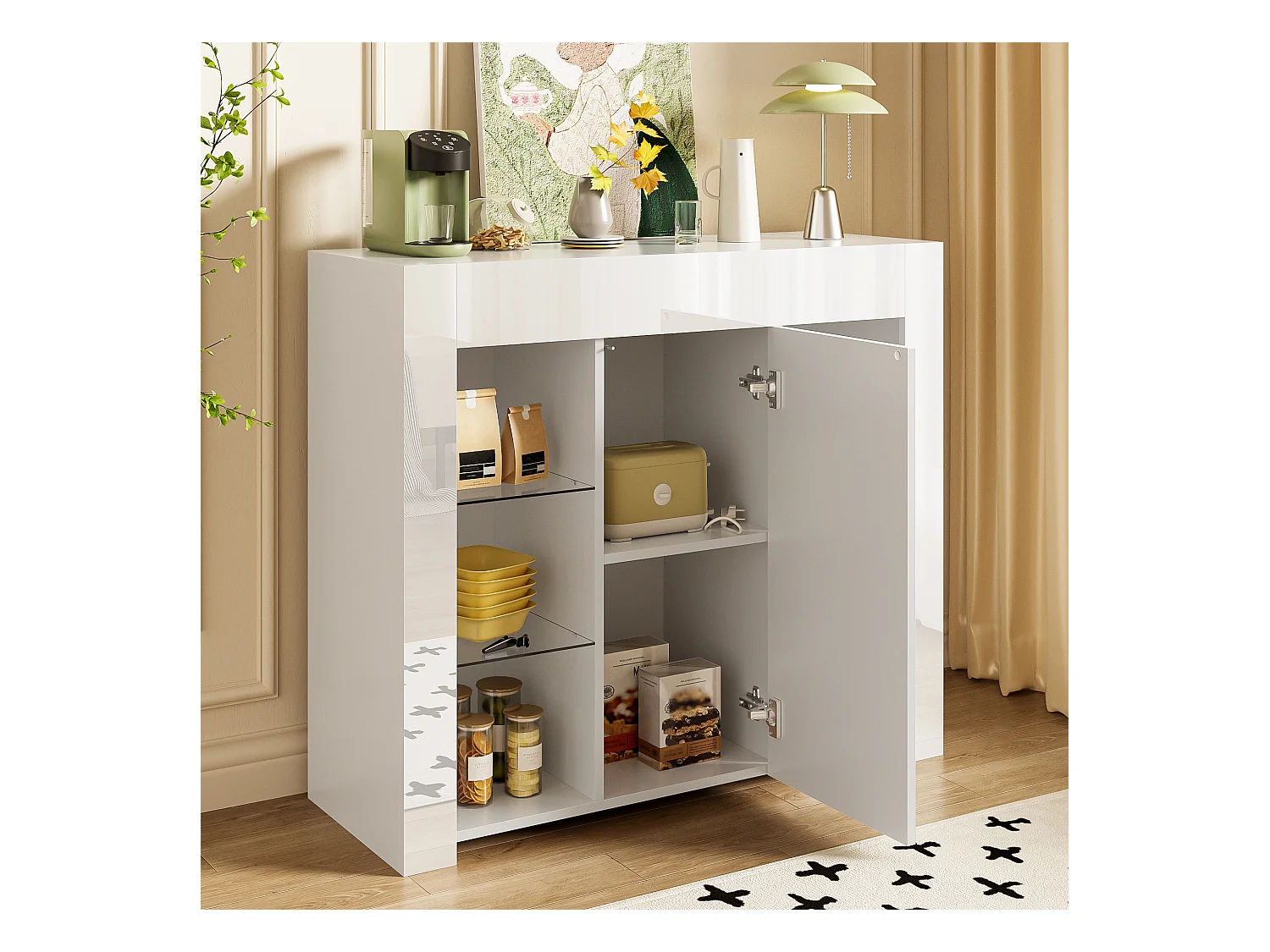 Buffet blanc avec 1 porte et 4 étagères en verre, panneaux de particules 95x35x83 cm