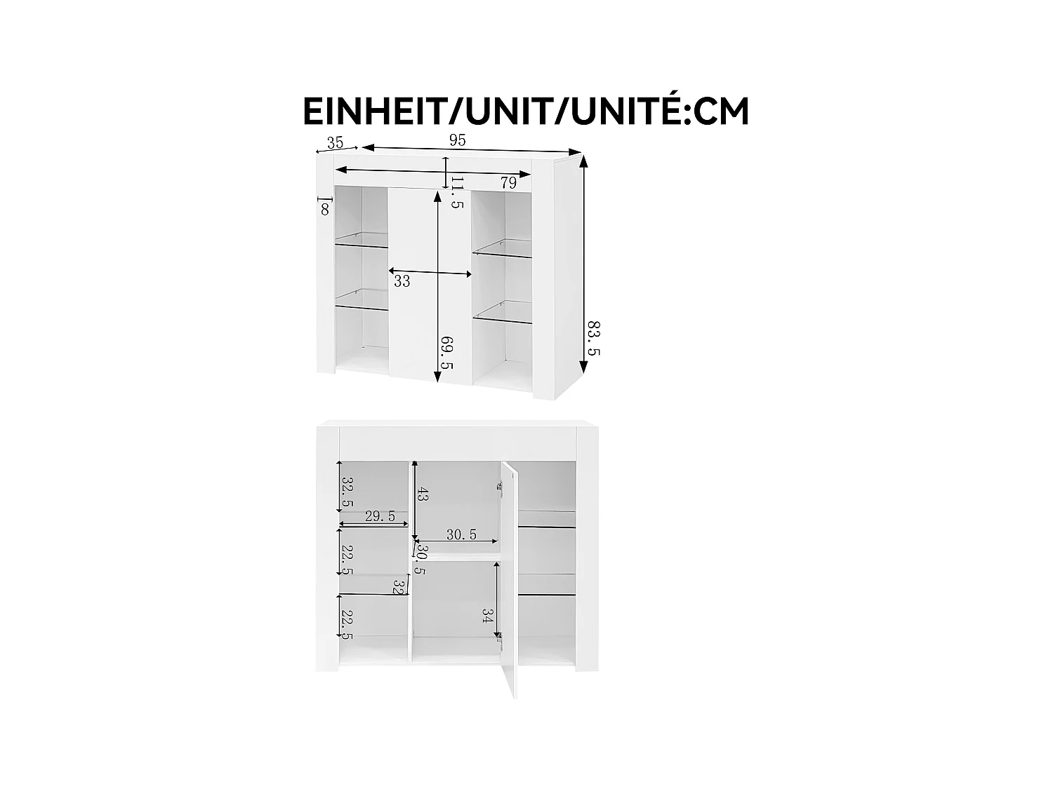 Buffet blanc avec 1 porte et 4 étagères en verre, panneaux de particules 95x35x83 cm