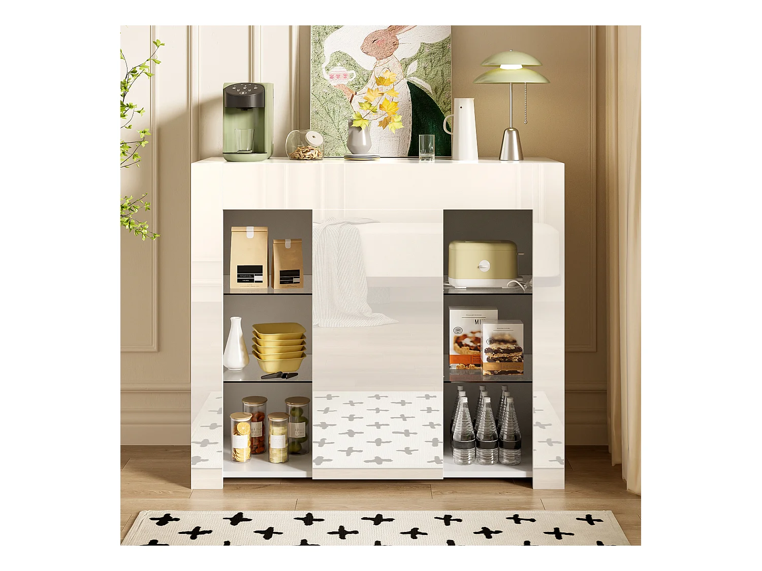 Credenza bianca con 1 anta e 4 ripiani in vetro, pannello di particelle 95x35x83 cm