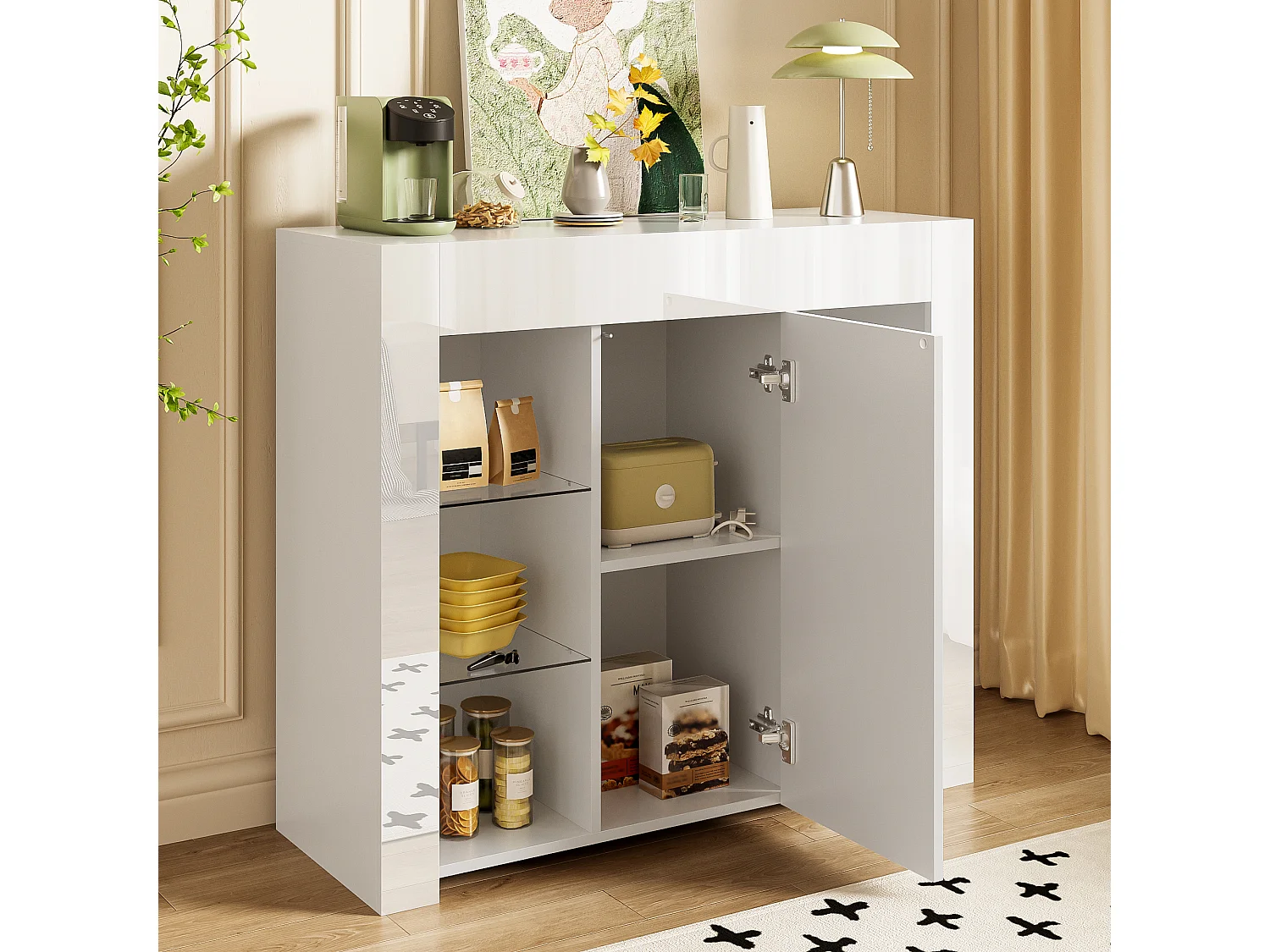 Buffet blanc avec 1 porte et 4 étagères en verre, panneaux de particules 95x35x83 cm