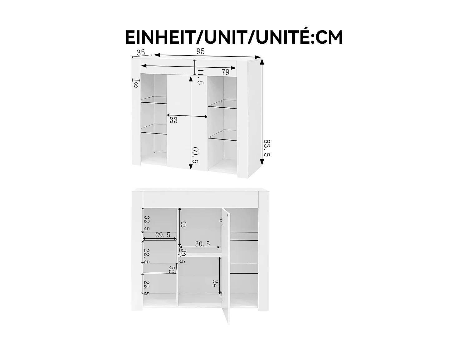 Buffet blanc avec 1 porte et 4 étagères en verre, panneaux de particules 95x35x83 cm