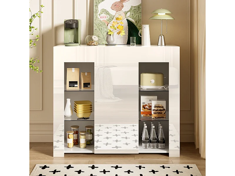 Buffet blanc avec 1 porte et 4 étagères en verre, panneaux de particules 95x35x83 cm