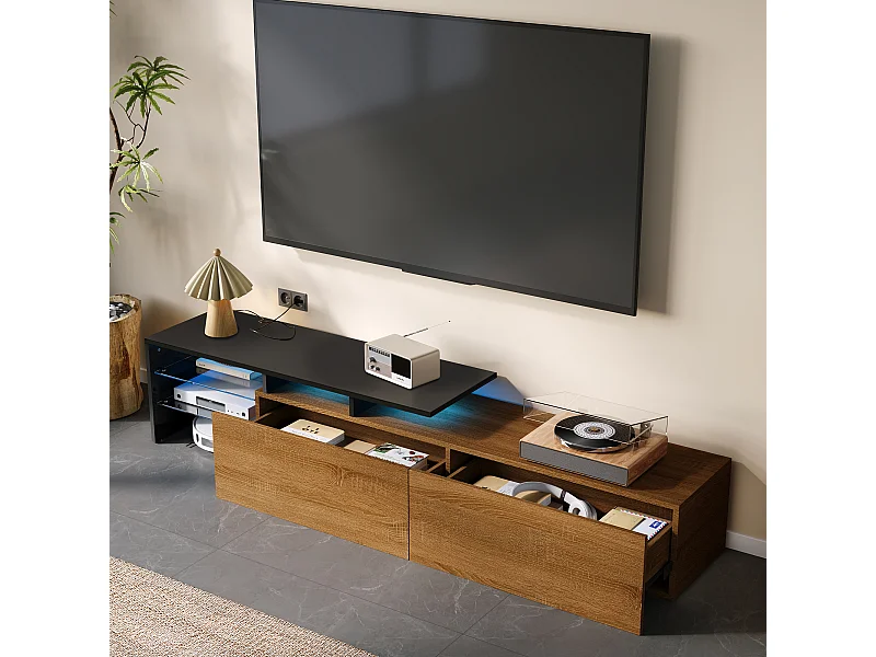 Meuble TV - Éclairage LED 16 Couleurs et Étagères en Verre et Rangement - 170 x 33 x 33,5 cm En Panneau de Particules - Noir+Naturel