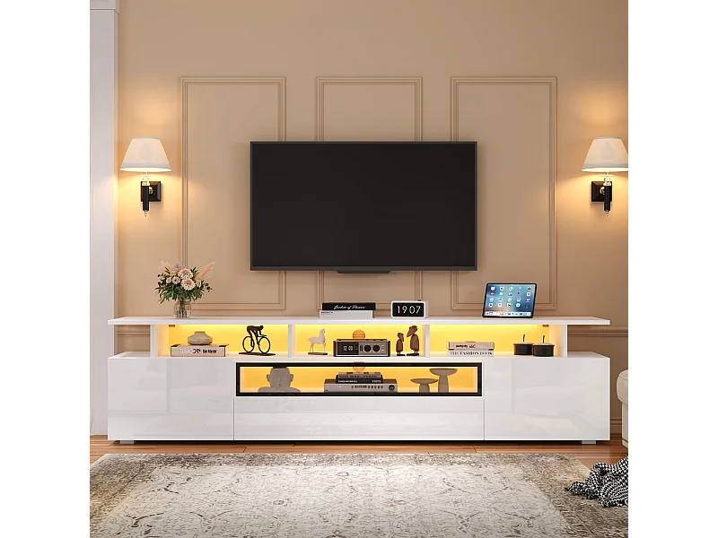 Meuble TV blanc avec 2 portes, LED et 1 tiroir, rangement multicouche 180x38x45cm